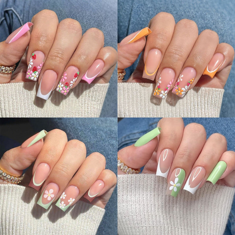 Summer Color-Block Press-On Nails - Floral Design, Reusable & Easy to Apply