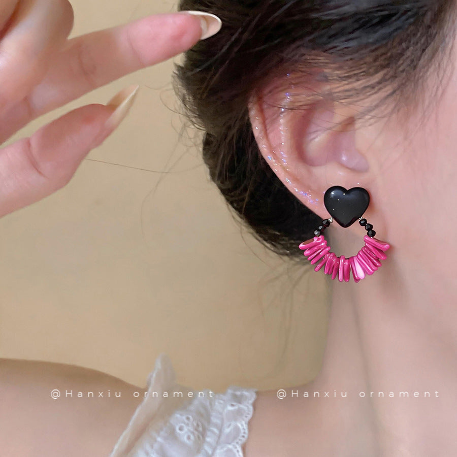 Vintage Wooden Heart Glass Bead Stud Earrings - view 3