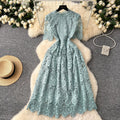 Retro Elegant Heavy Hollow-Out Hooked Flower Water-Soluble Lace Dress, French Waist-Slimming Short Sleeve