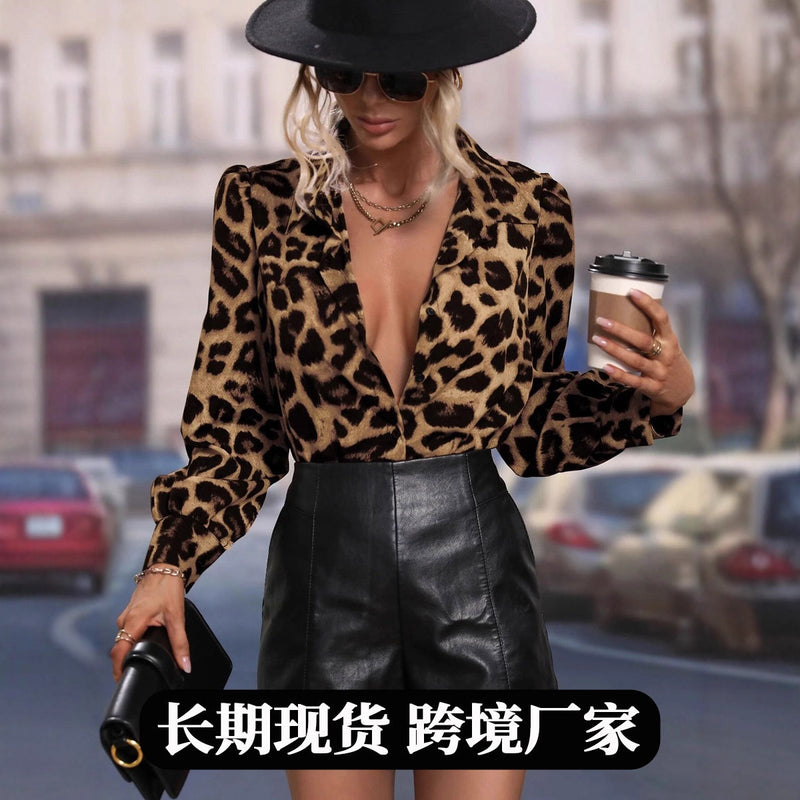 Early Spring Casual Elegant Satin Long Sleeve Leopard Shirt