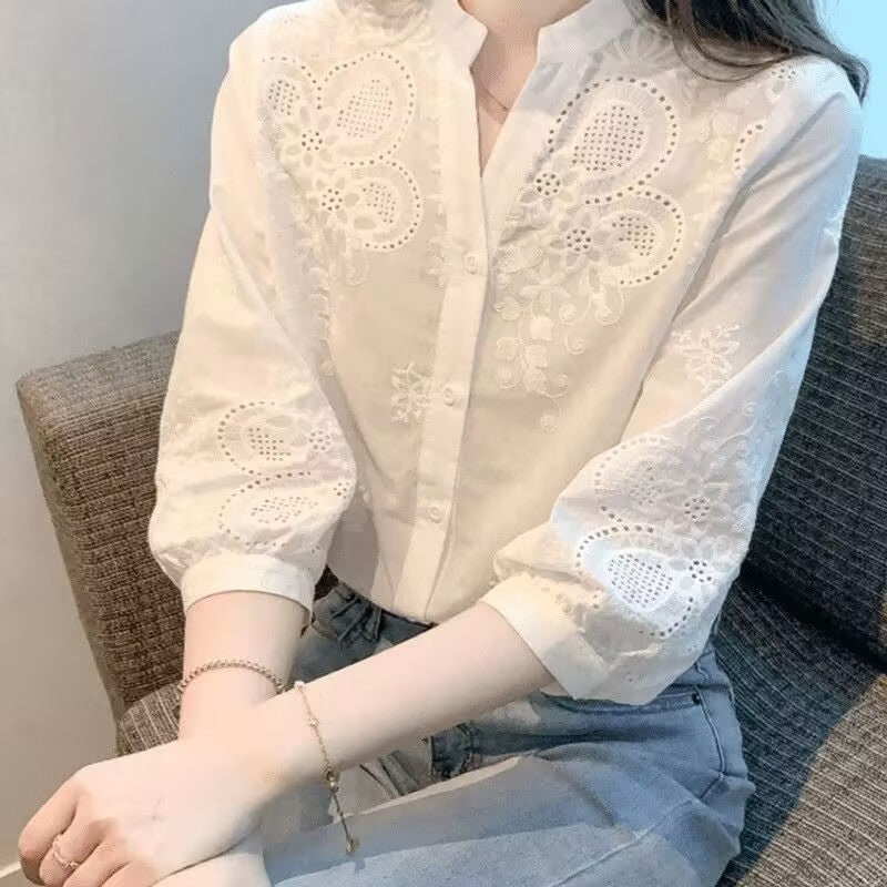 Summer Office Youthful Embroidered Cotton 3/4 Sleeve V-Neck Hollow-Out Shirt
