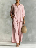 Casual Linen Cotton Wide Leg Pants + Shirt Set