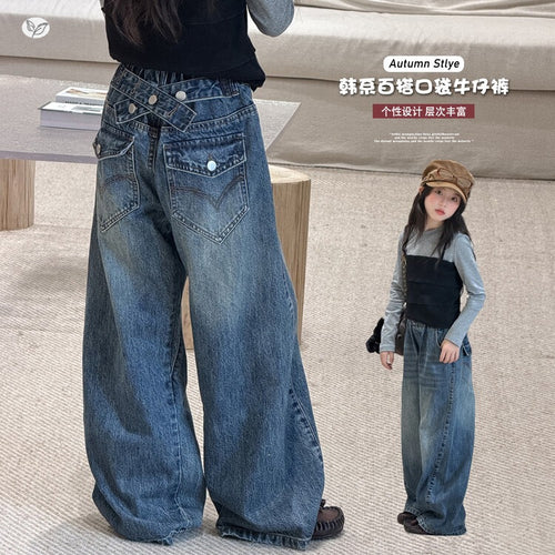 Girls' Back Button Wide-Leg Jeans