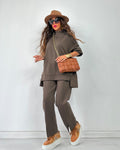 Solid Long Sleeve + Pants Two-Piece Casual Set, 2025