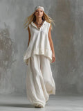 Spring-Summer Casual Fashion Linen Cotton Sleeveless Wide Leg Pants + Top 2-Piece Set