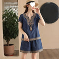 Women's Ethnic Vacation Embroidered Short Sleeve Shorts 2-Piece Set 2026 - Navy