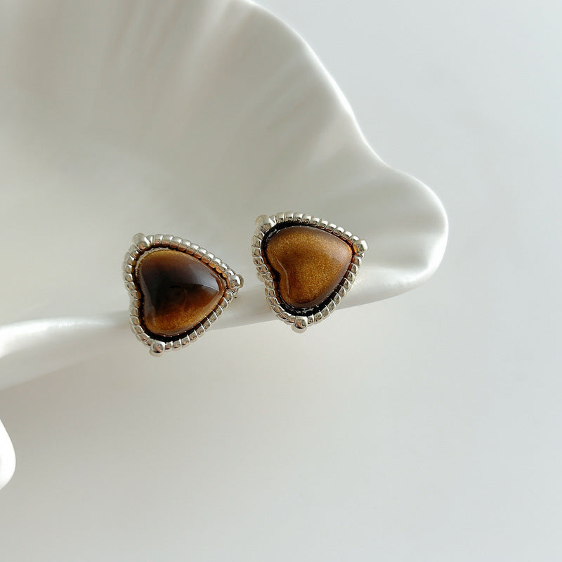 Vintage Tiger's Eye Heart Clip-On Earrings - view 3