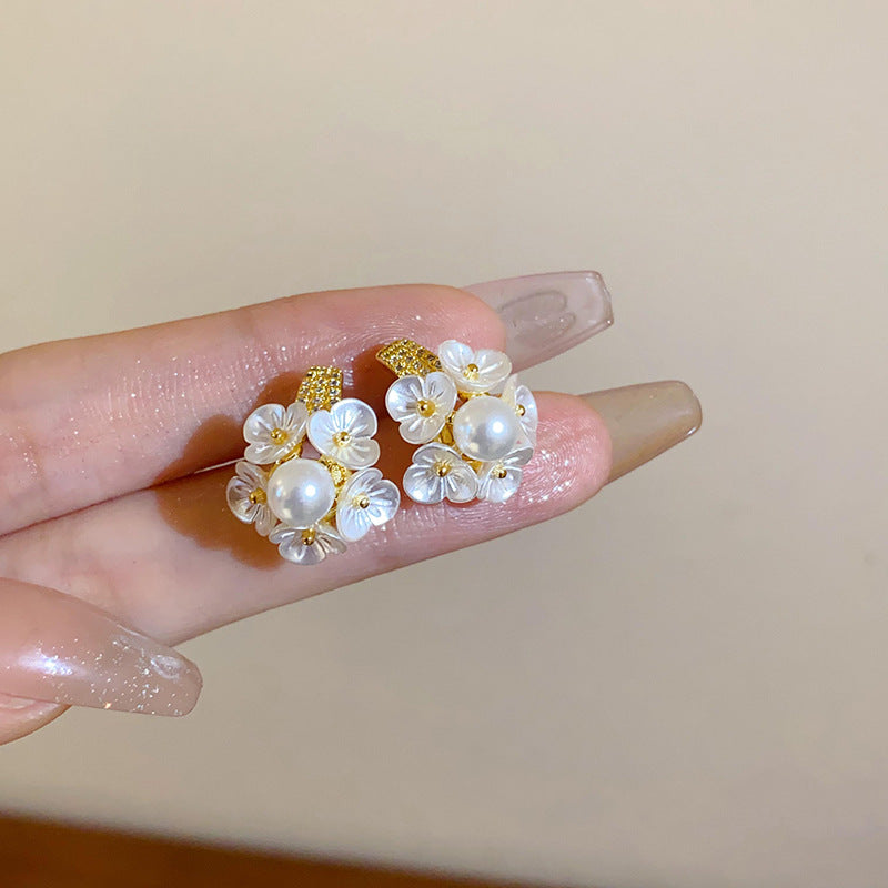 French Rhinestone Flower Round Pearl Earrings - view 8