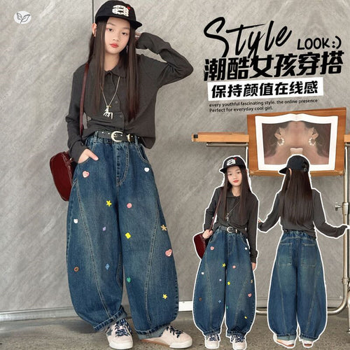 Girls' Color Button Curved-Leg Wide-Leg Jeans - Spliced