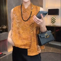 Summer New Chinese Retro Sleeveless Stand Collar Diagonal Placket Frog Button Shirt + Tee