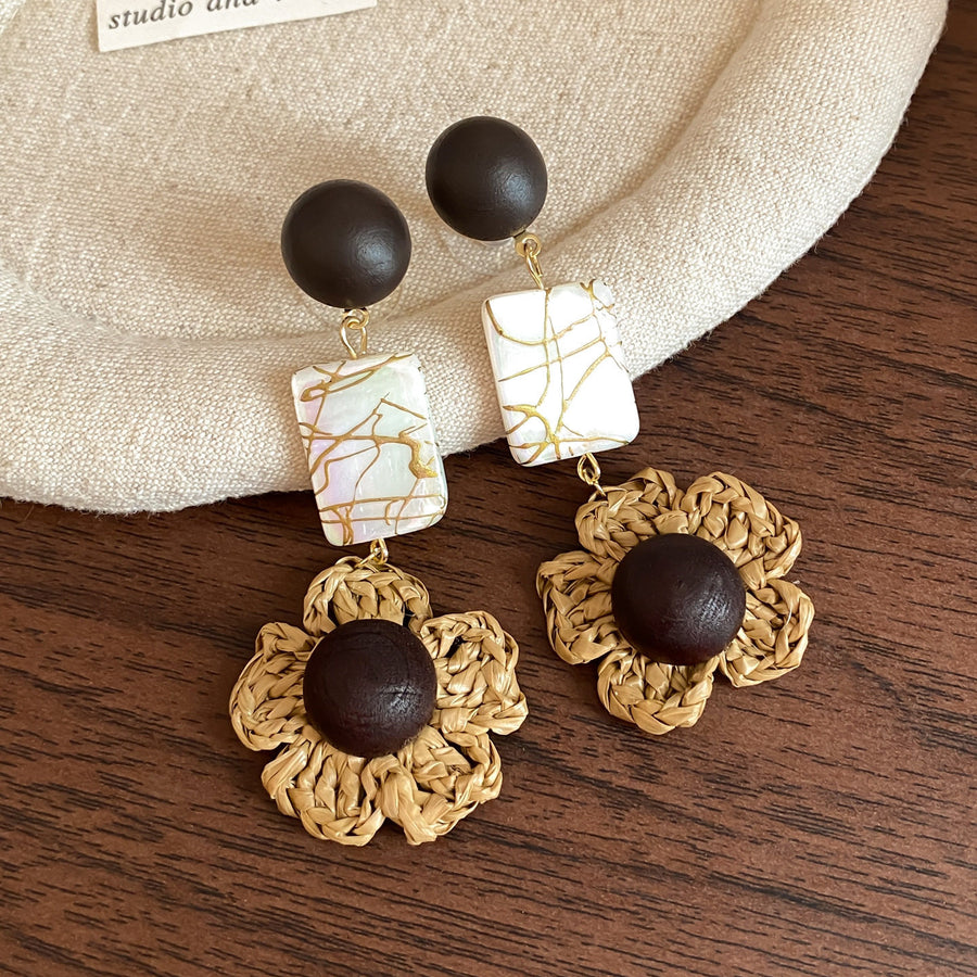 Vintage Wooden Flower Round Stud Earrings - view 6