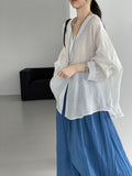 Korean Versatile Ramie V-Neck Sun-Protection Loose Shirt