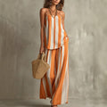 Women's Vacation Casual Linen Cotton Striped Loose Wide Leg Camisole + Pants 2-Piece - Sky Blue