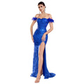 Women's Off-Shoulder Sequin Feather Slim Fit Sexy Evening Gown Ball