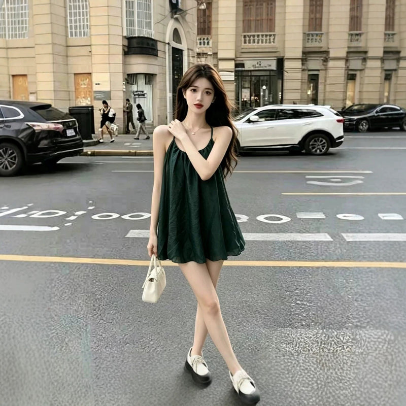 Green Bud Halter Tie Backless Stretch Mesh Dress, 2026