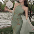 New Chinese Style Floral Halter Modified Cheongsam Dress Set