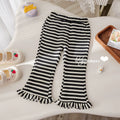 Girls' Black and White Stripe Flared Pants with Lace Trim