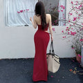 Red Floral Backless Halter Bodycon Long Dress, Summer