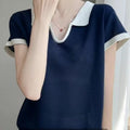 Women's Summer Elegant Unique Short Sleeve Lapel Collar Color-Block Knit Top 2026 - Off-White