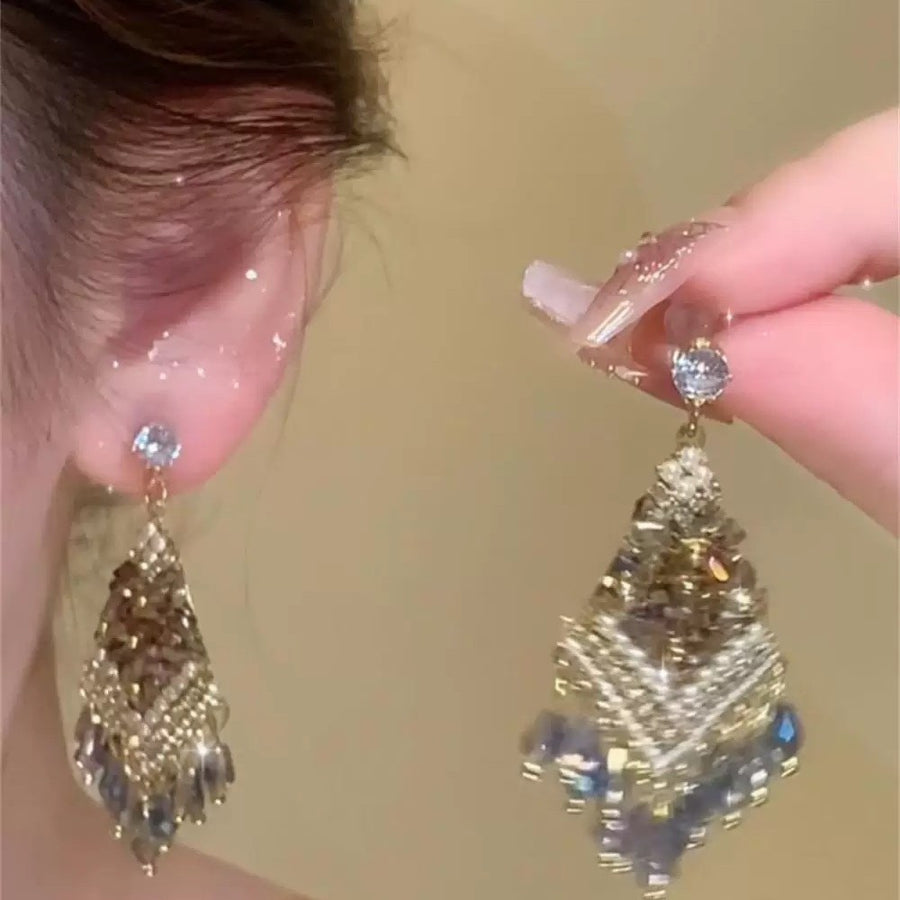 Crystal Flower Rhinestone Tassel Earrings - view 4