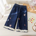 Girls' Cartoon Embroidered Lace Wide-Leg Jeans