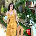 French Yellow Ombre Floral Ribbon V-Neck Camisole Long Dress