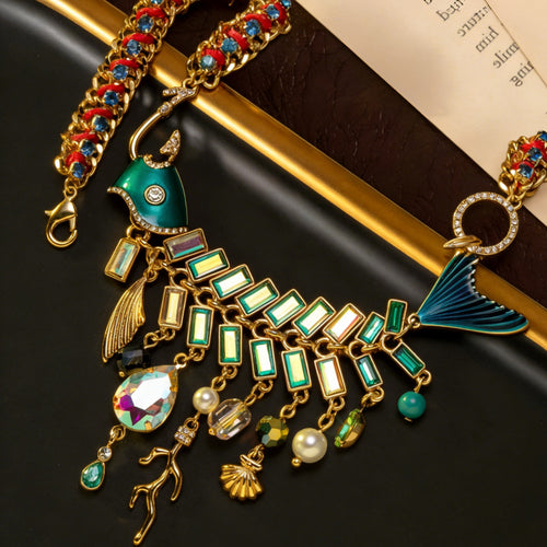 Vintage Heavy-Duty Fish Bone Fringe Necklace Premium vintage Fashionable Western Necklace Retro Rhinestone Light Luxury Necklace