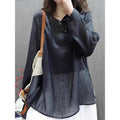 Women's Spring-Summer Artistic Linen Cotton Long Sleeve Crew Neck Lightweight Loose T - Black