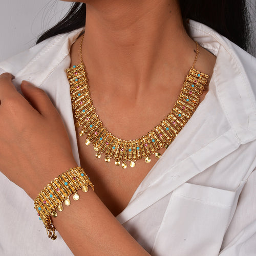 Overseas Vintage Breeze Rhinestone Cutout Chain Round Fringe Exquisite Dubai Height Precious Bride Necklace Bracelet Set