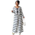 Women's Casual Plus Size Long Sleeve Tie-Front Striped Loose Wide Leg Pants + Top 2-P - Black