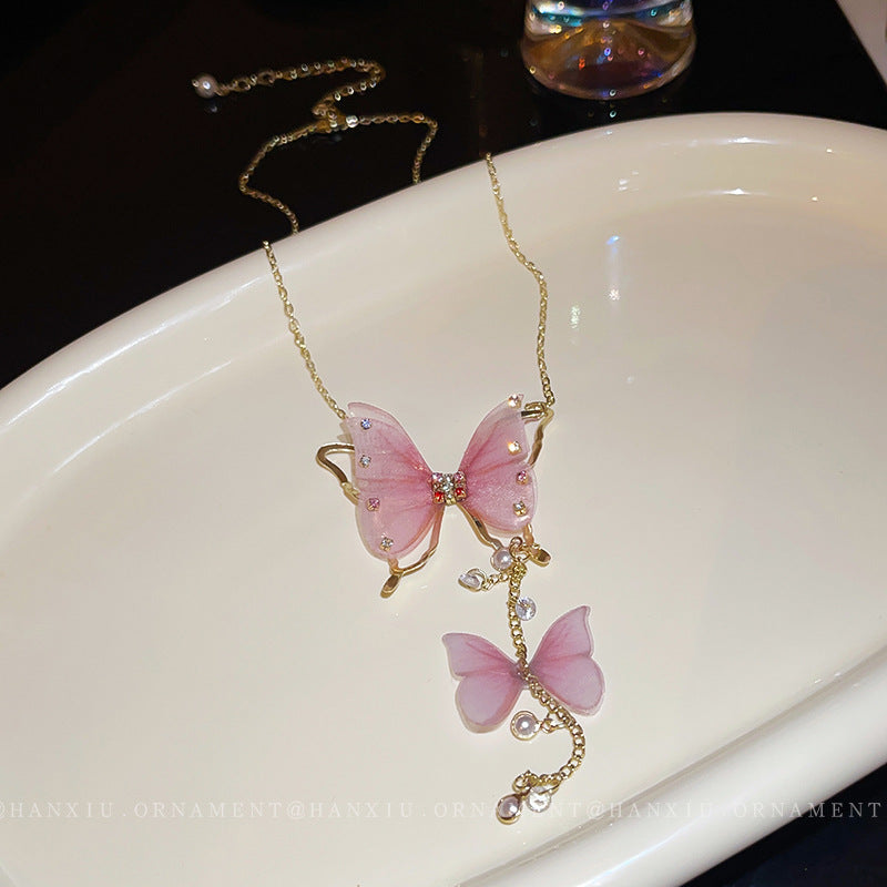 Rhinestone Pearl Butterfly Tassel Necklace – Korean-Inspired Style - view 2