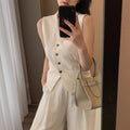 Summer Old Money Fashion Tencel Linen Sleeveless Wide Leg Pants + Vest 2-Piece Set