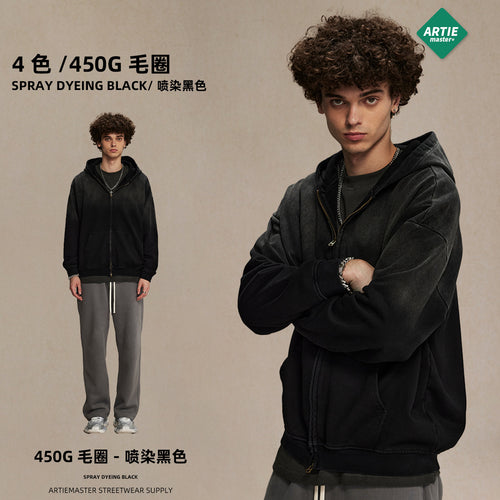 ARTIE Unisex Fall/Winter Retro Spray-Dye Distressed Washed Zip Hoodie