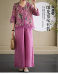 Women's Summer Artistic Retro Printed Wide Leg Pants + Top 2-Piece Set 2026 - Rose Red Set