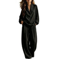 Fall Casual Elegant Long Sleeve Lapel Collar Loose Pants + Top 2-Piece Set