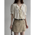 Summer Office French Short Sleeve V-Neck Tie-Front Ruffle Shirt