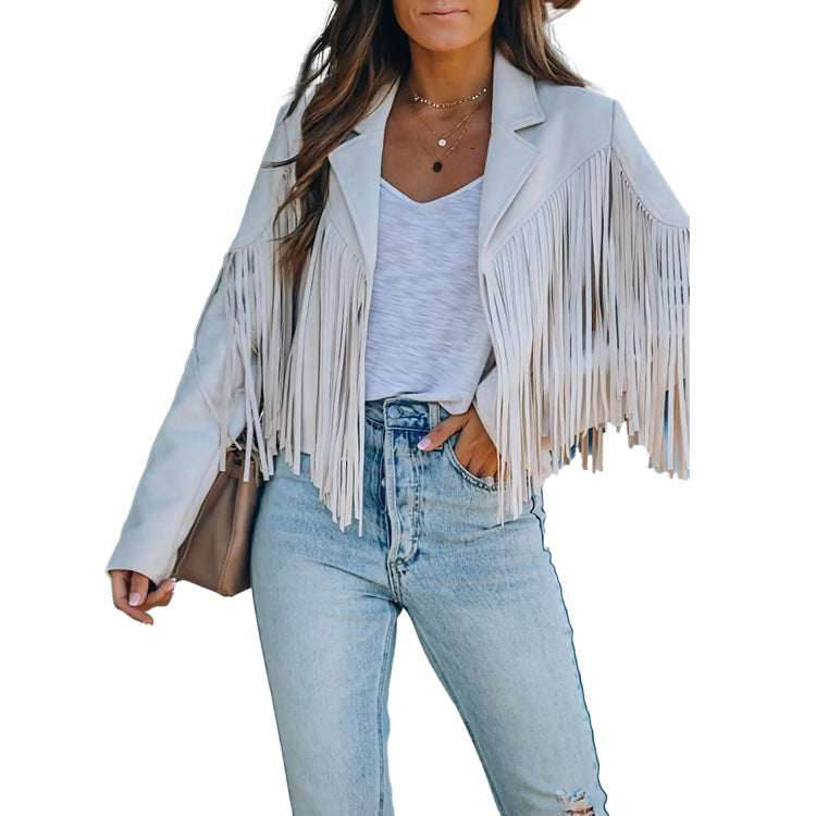 Women's Fall-Winter Lapel Collar Fringe Fitted Cropped Jacket 2026 - Green