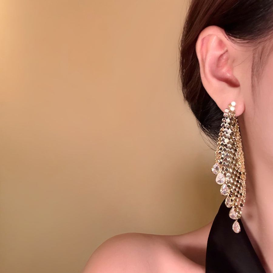Gold-Plated Zircon Teardrop Tassel Earrings - view 2