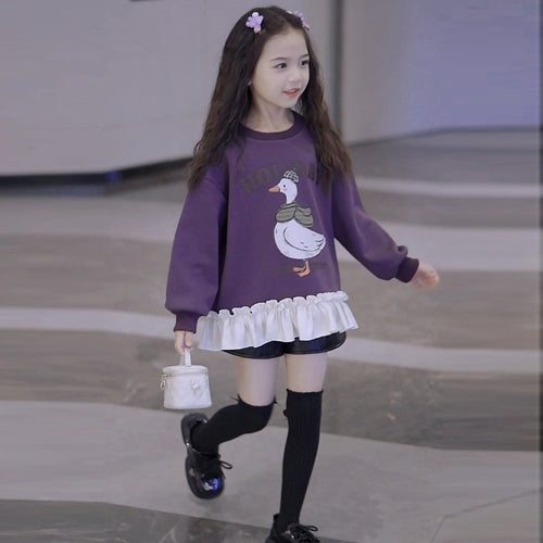 Girls' Cartoon Print Mid-Length Hoodie Dress