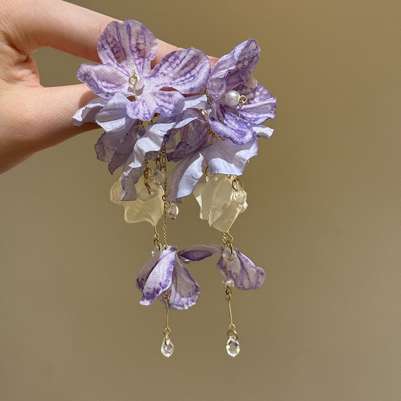 Purple Raffia Openwork Flower Tassel Earrings - view 9