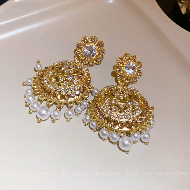 Rhinestone Flower Oval Pearl Drop Earrings - view 4
