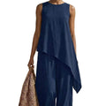Women's Office Minimal Sleeveless Crew Neck High Waist Asymmetric Wide Leg Pants + Ta - Navy