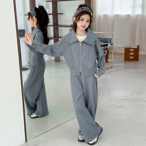 Girls' Sports Jacket & Wide-Leg Pants Set - 2-Piece