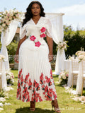 French V-Neck Pleated Printed Crystal Long Skirt + Top 2-Piece Set