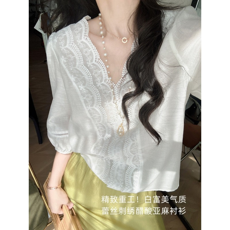 Summer Acetate Tencel Puff Sleeve V-Neck Loose Shirt