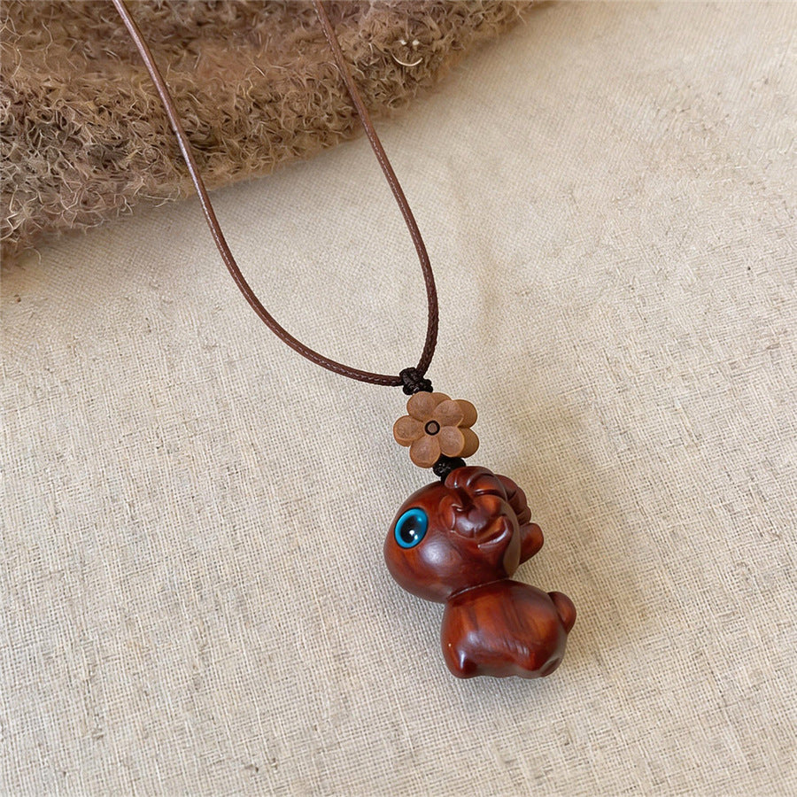 Chinese-Inspired Wooden Flower and Ceramic Sheep Pendant Necklace - view 8