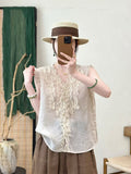 Summer Korean Youthful Ramie Sleeveless V-Neck Patchwork Lace Trim Shirt