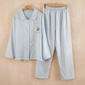 Women's Fall-Winter Minimal Mesh Cotton Long Sleeve Square Neck Striped Pants Set 202 - Blue