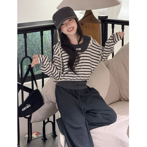 Girls' Striped Hoodie & Casual Pants - 3-Piece Set