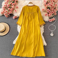 Women's Fall Ethnic Vacation Embroidered V-Neck Waist-Tie Swing Dress + Long Skirt + - Yellow